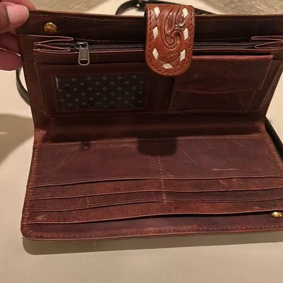 Sexy Little Vintage Leather And Cowhair Western Wallet On Chain Black Brown New - Picture 7 of 13